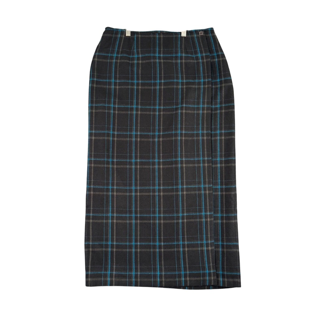 Cato Womens 8 Plaid Maxi Wrap Skirt Black Blue Dark Academia Grunge Revival Chic